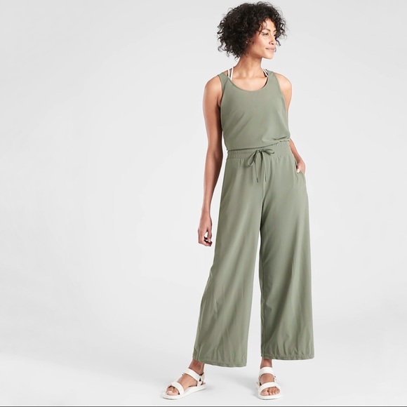 Athleta Pants - Athleta Revive Sleeveless Tie Waist Drawcord Hem Jumpsuit in Laurel Olive